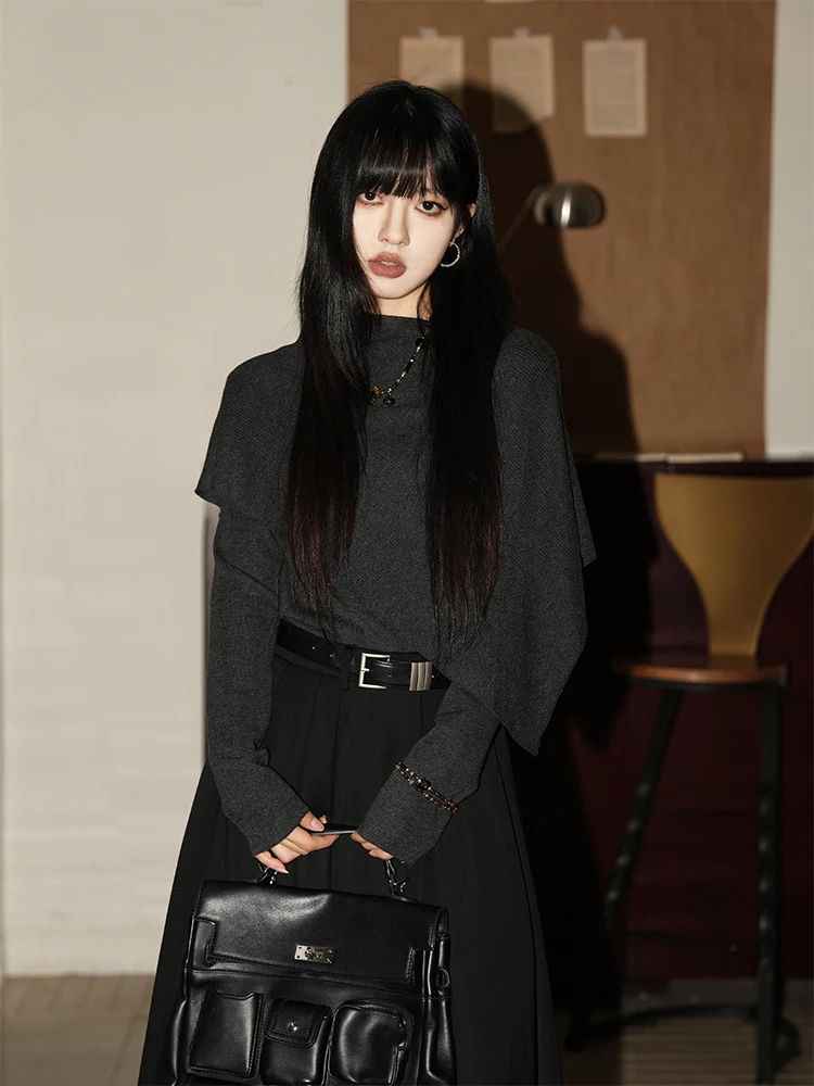 

Retro Asymmetric Wool Knitted Sweater Women's Autumn Winter Base Layer irt Cowl Ne Fake Two-Piece awl Coat Girls