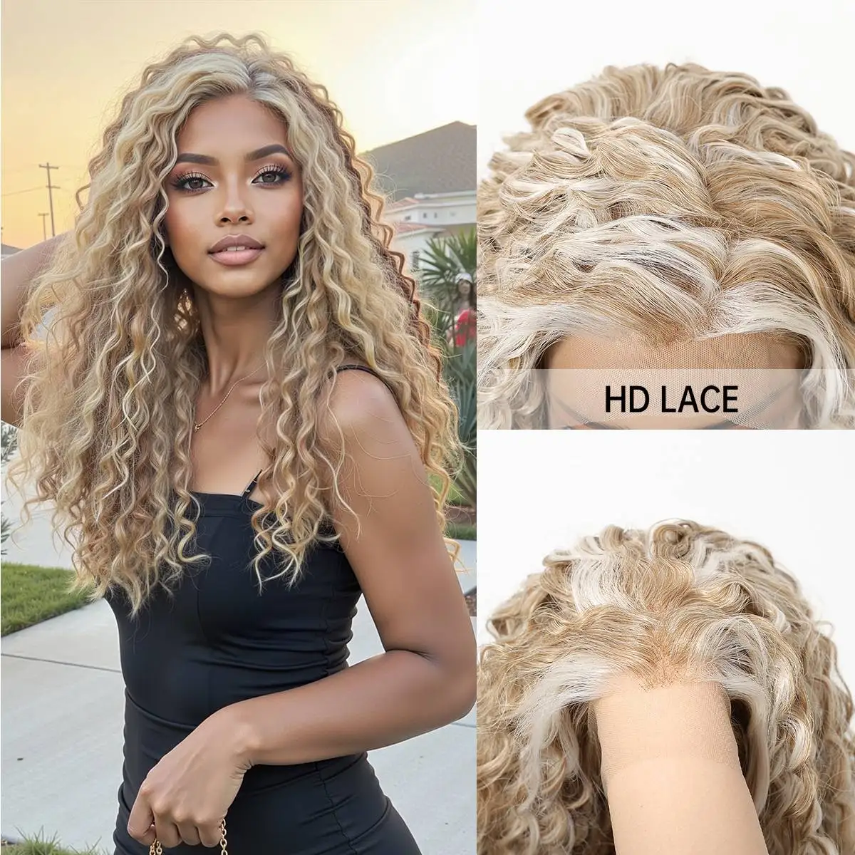 

Topshe HD 13x4 Lace Front Blonde Wig Deep Curly Synthetic Hair Invisible Melted Lace Pre-Plucked Glueless Wig for Women