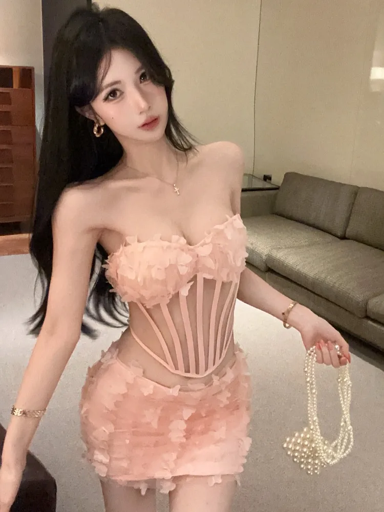 

Sweet Spicy Girl Pure Desire Style Two-Piece Set with Fishbone Strapless Top And Bodycon Short Skirt for Women Summer Casual