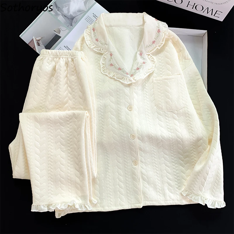 

Pajama Sets Women Embroidery Design Ins Turn-down Collar Outwear Homewear Autumn Winter Jacquard Prevalent Trendy Ulzzang Soft