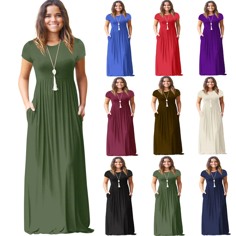 

Dress European and American women's long dress spring and summer short-sleeved solid color waist casual pocket dress women