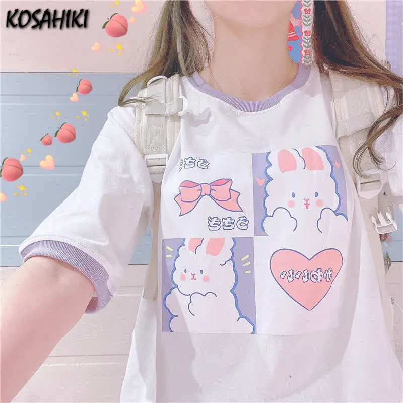 KOSAHIKI Kawaii Tshirt Women Fashion 2024 Cute Cartoon Print ops  Loose  Shirt Casual All Match Summer Graphic  Shirts