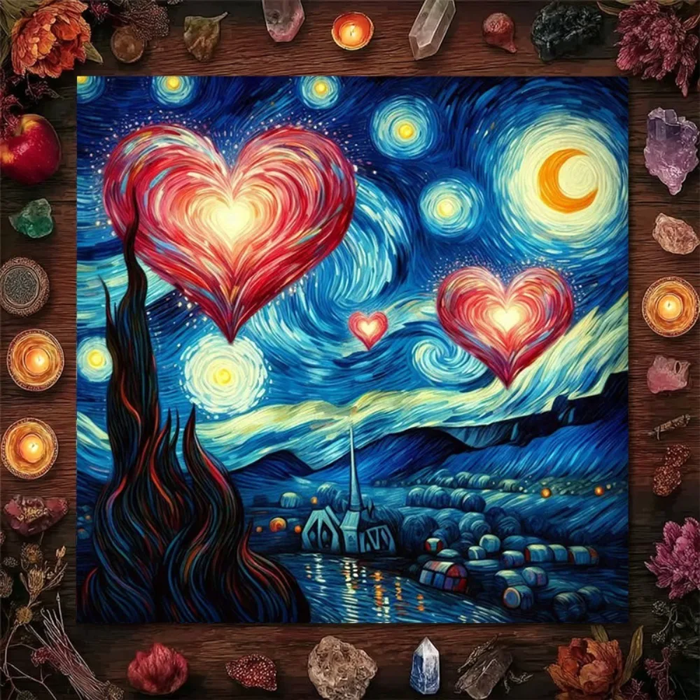 Heart Night Scene Tarot Altar Cloth Multiple Sizes HD Digital Print Heart Shape Starry Halloween Xmas 100 Polyester Machine Wash