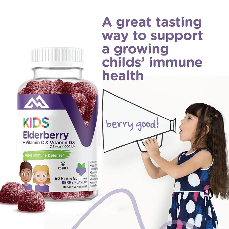 

Children's Black Elderberry Gummies Immune Enhancer with Vitamin C D Herbal Dietary Supplement, Free of Gelatin and Fruit Flavor