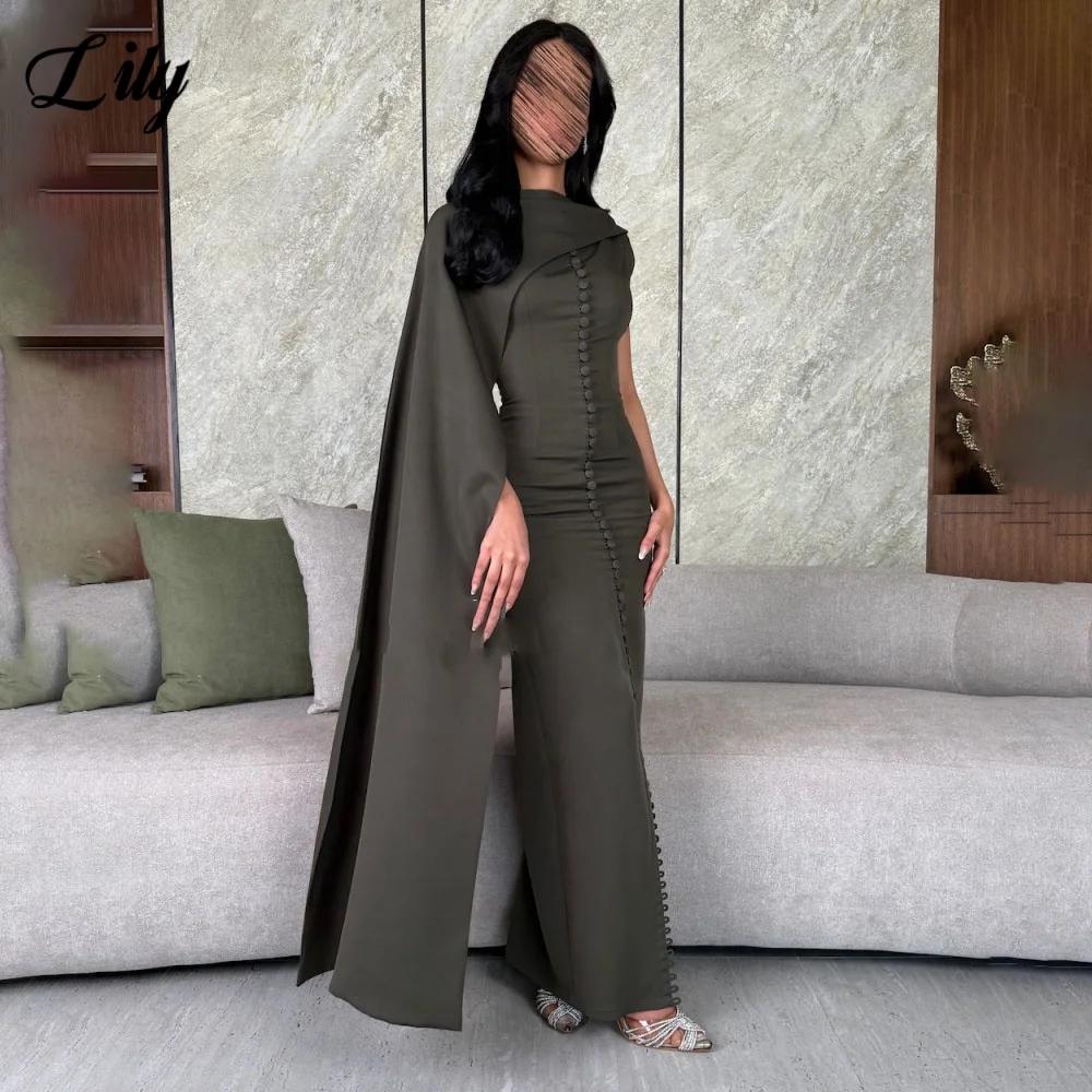 

Lily Green Party Dress One Shoulder Trumpet Prom Dresses فساتين السهرة with Train Pleats Embellishments Customized