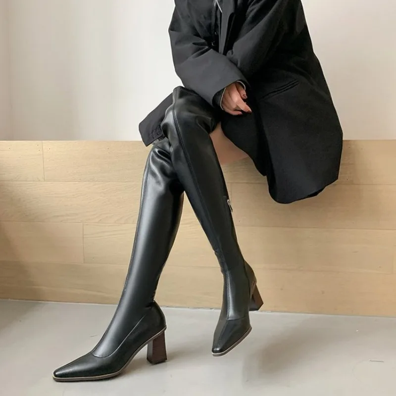 New Autumn Women's Pointed Toe Boots Over-the-Knee Sewing Slip On Square Heel Street Style Shoes