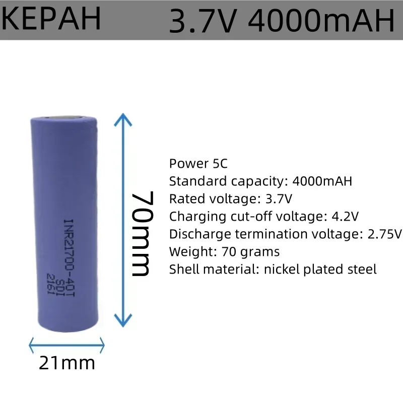 INR21700-40T Bateria Recarregável, 4500mAh, 3.7V, 4000mAh, 50A Poder, Baterias de Alta Descarga Li-ion para Ferramentas Elétricas