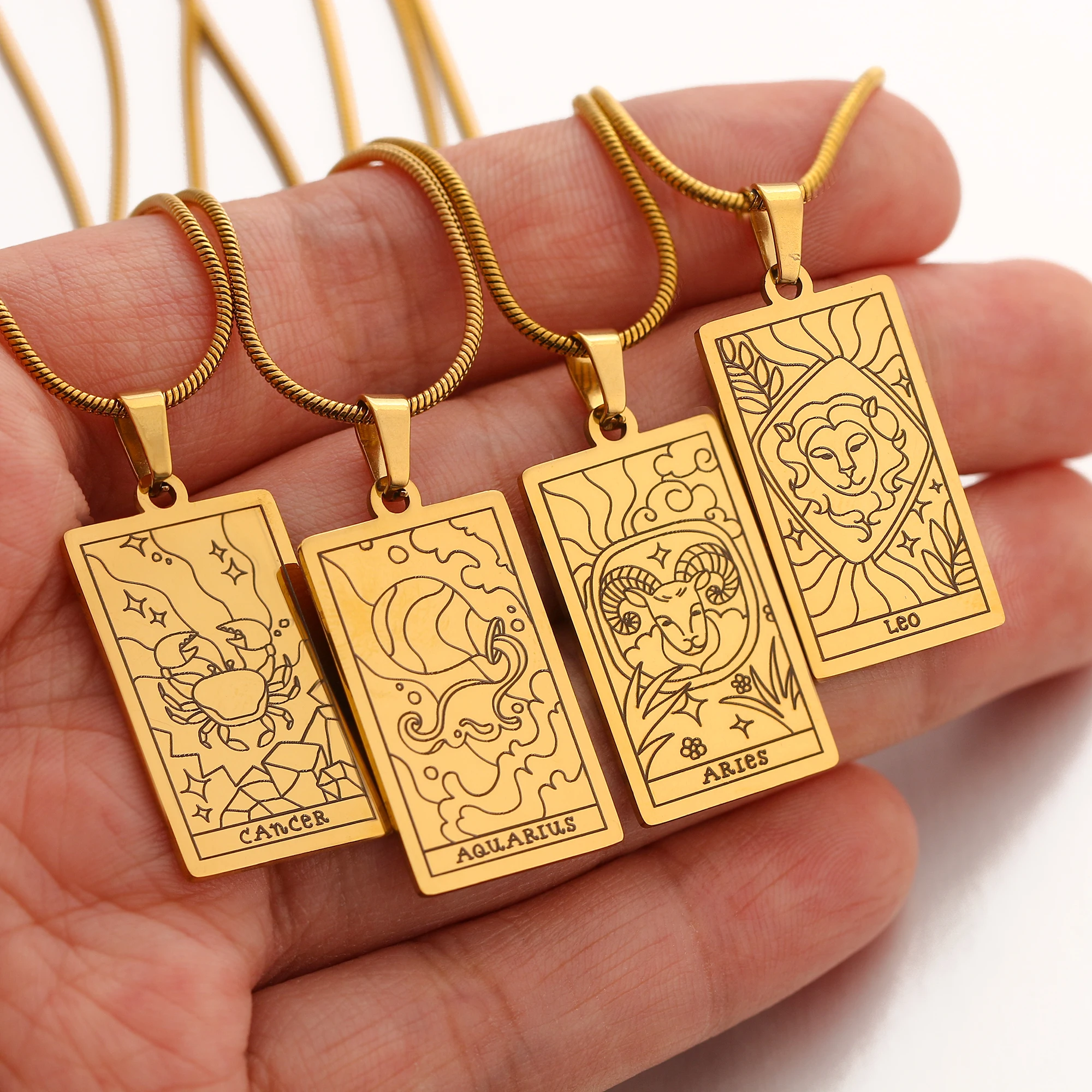 Zodiac Sign Necklace Stainless Steel 12 Constellations Pendant Necklace 18K Gold Color Plated Tarot Snake Bone Chain Necklaces