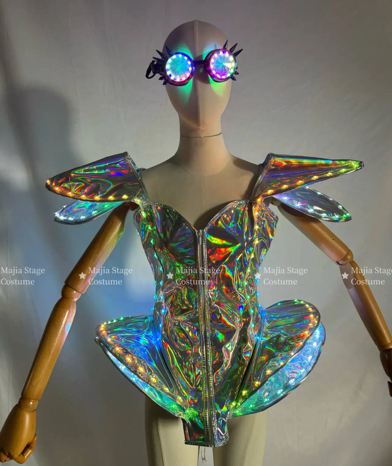 مثير المرأة LED الليزر الأبيض زي قطعة واحدة مرحلة الأداء DS الرقص ارتداءها ملهى ليلي Gogo فستان فقاعة صغيرة LED