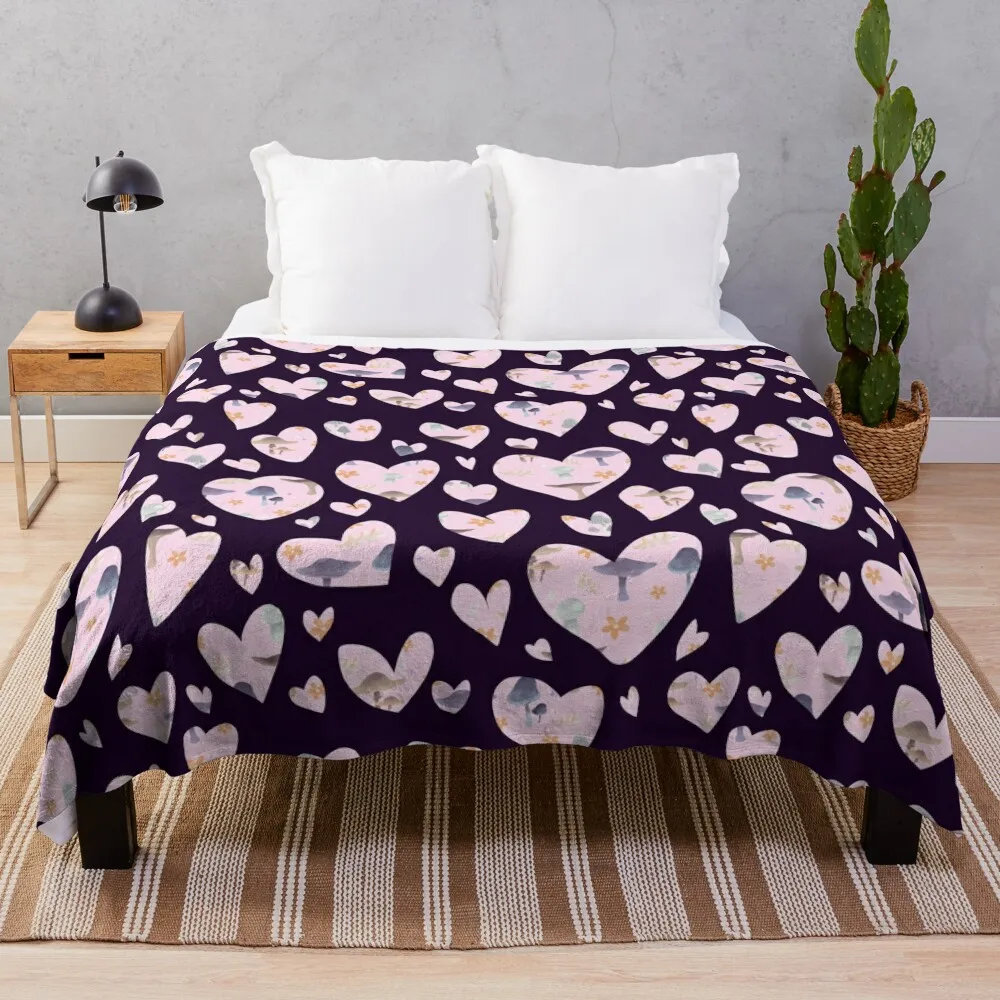 Woodland Mushrooms Heart Pattern (Pink x Dark) Throw Blanket Flannel Fabric Summer Decorative Throw Comforter Blankets