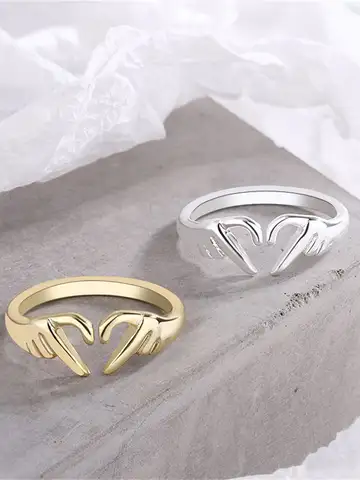 New Romantic Love Hand with Heart Shaped Ring Creative Couple Silver Color Adjustable Open Rings Personality Party Jewelry Gift