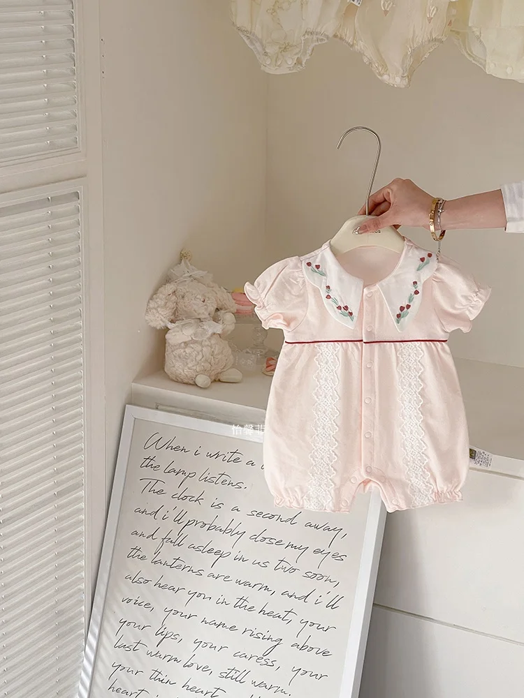 

xingfei Summer New Baby Clothes ort Sve Girls Baby Lace Embroidery Cotton Baby Rer Sweet n Sle Strai...