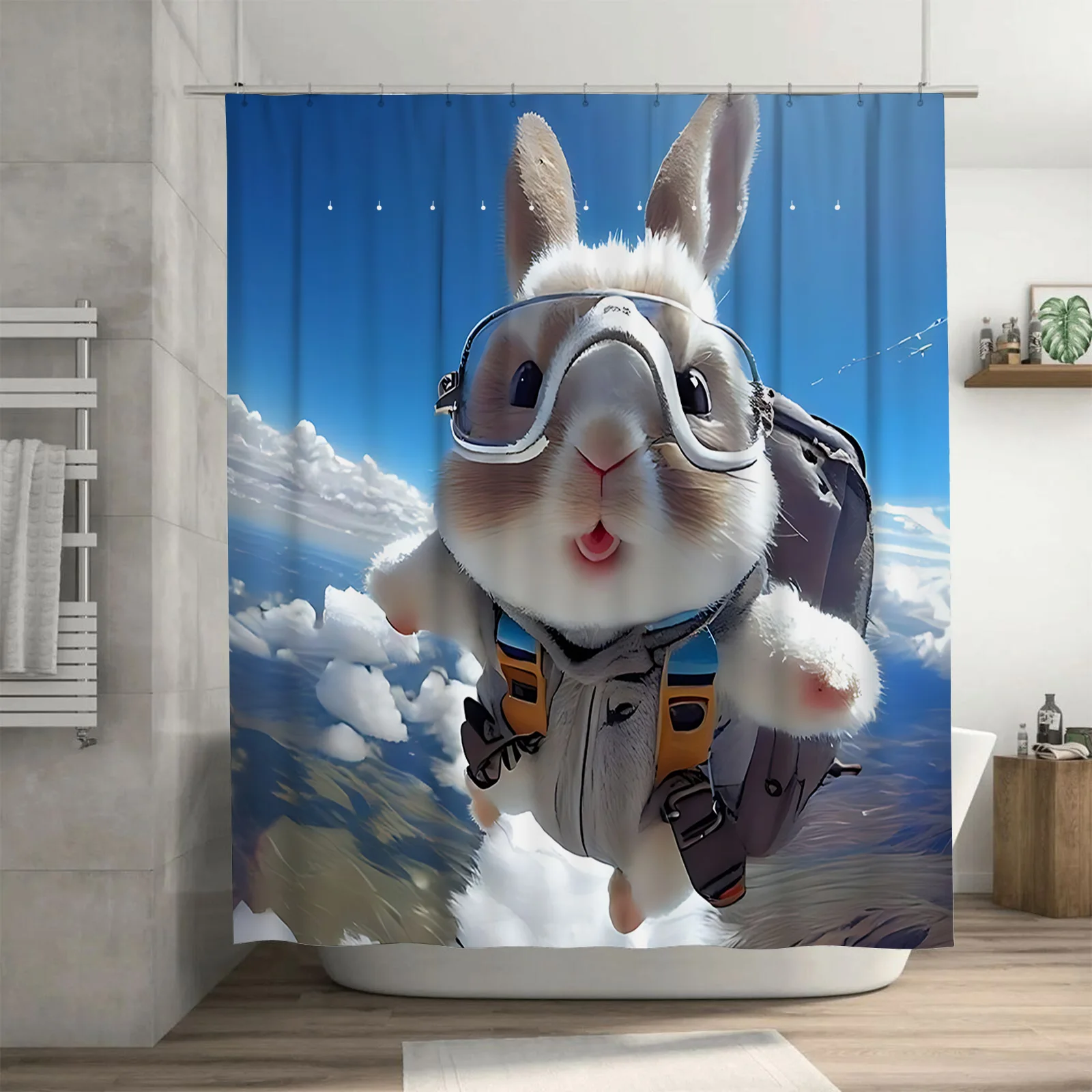 Skydiving Rabbit Shower Curtain Cute Animal Print Bathroom Decor Waterproof and Durable for Stylish Home Upgrade Easy-Clean
