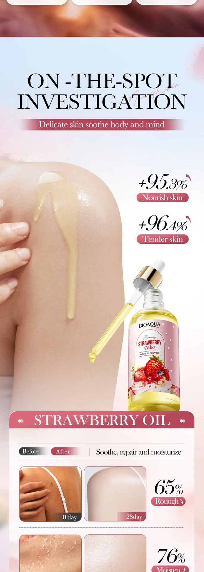 Minyak Tubuh Bergizi Kue Stroberi – Pelembut Pencerah Penghalus Hidrasi untuk Wajah Kaki & Punggung 100ml