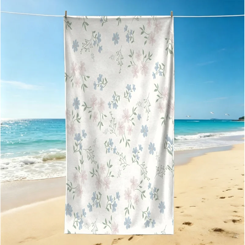 Microfiber Beach Towel,Ultra-Soft,Skin-Friendly,Portable,Durable,Artistic Pink and Blue Flowers Green Leaves Print