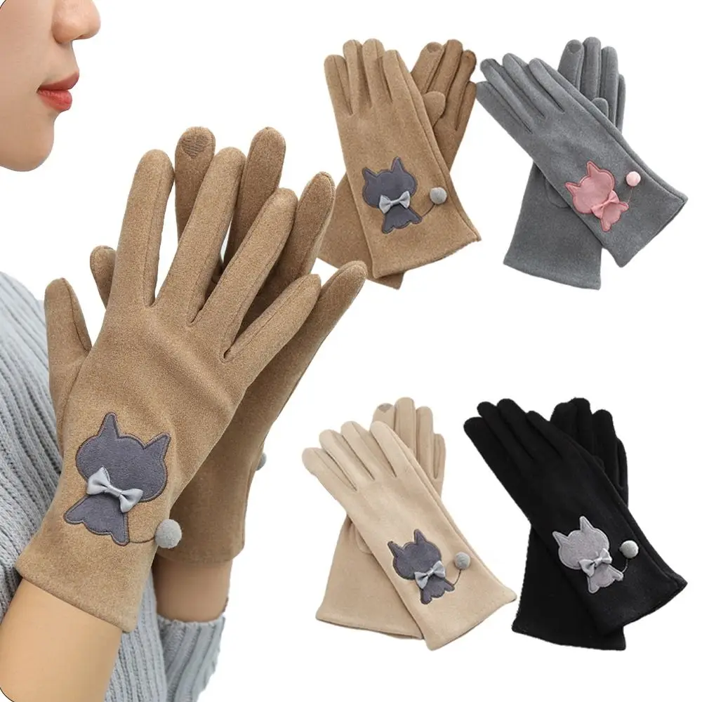 

Female Winter Velvet Touch Screen Gloves Cute Cat Warm Cycling Driving Glove Outdoor Windproof Mittens gant femme hiver