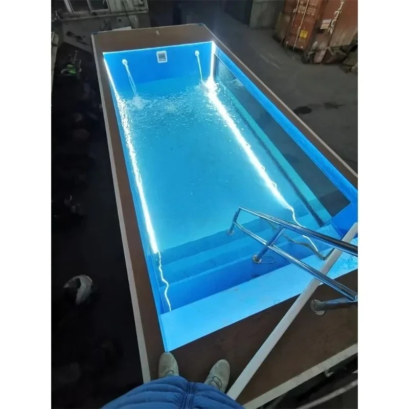 Piscina in fibra di vetro con design a contenitore: moderna modulare fuori terra nel cortile, installazione rapida, superficie antiscivolo durevole