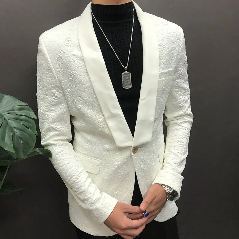 Luxury White Rose Jacquard Blazer Slim Masculino Business Casual  Wedding Suits For Men Tuxedo Smoking Homme Mariage Costume