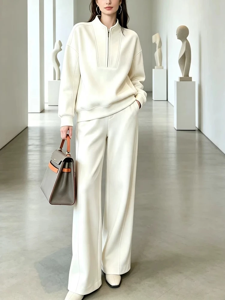 Women's autumn and winter new temperament semi-zipper stand-up collar sweater set women's wide-leg pants casual two-piece set