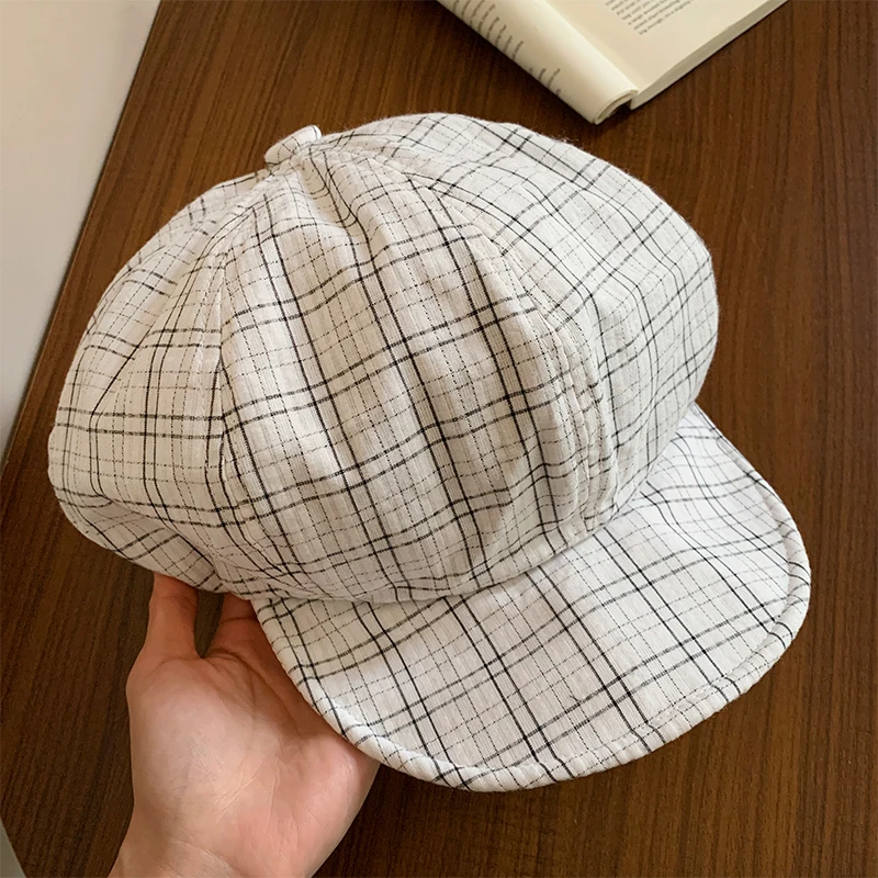 Ins Fresh Green Plaid Octagonal Newsboy Hats for Women Spring and Summer New Show Face Small Retro Versatile Cloud Berets Cap