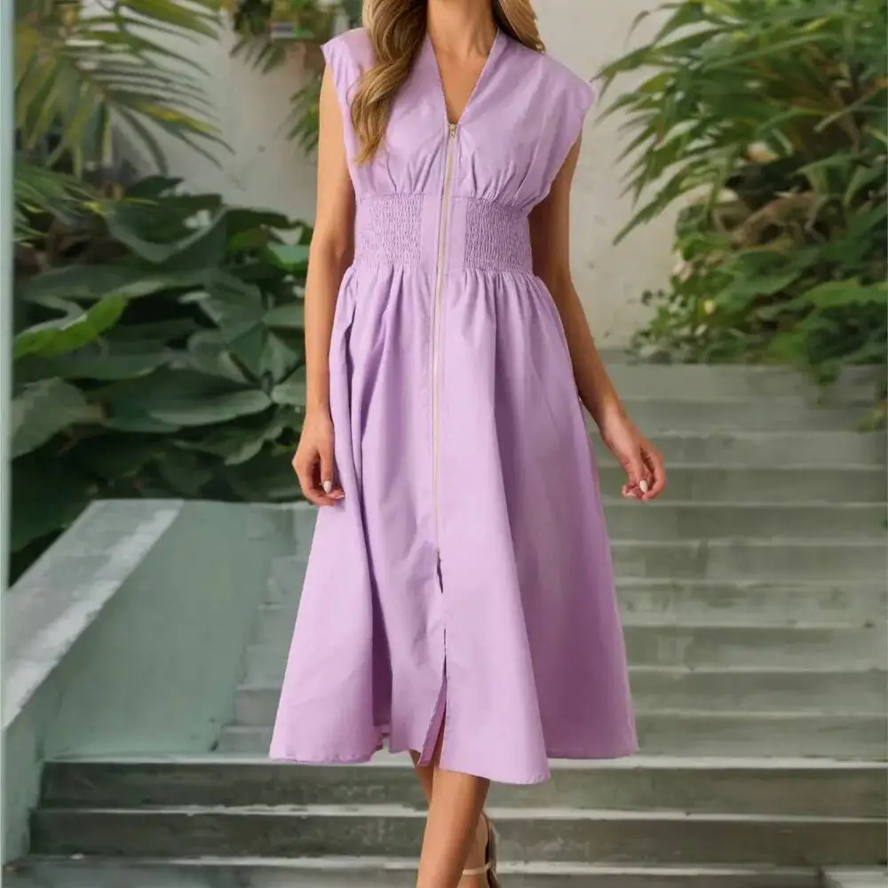 

Sexy V-neck Pleated Zipper Cardigan Dress 2026 Summer Women's Solid Color Slit Long Dress Elegant Office Lady Big Swing Dresses