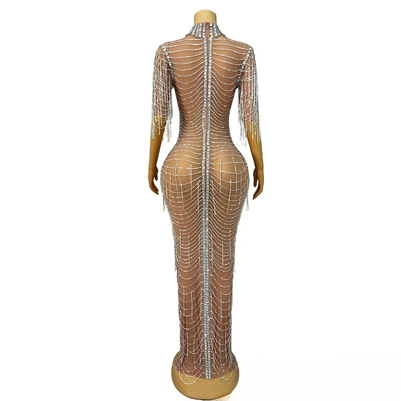 Brillant strass gland haut de gamme argent tempérament nu célébrité anniversaire robe de luxe société réunion annuelle robe de soirée