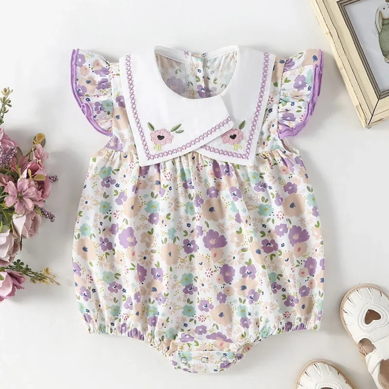 

2025 New Summer Toddler Baby Girls Jumpsuit Flying Sleeve Cotton Print Newborn Baby Girls Romper 0-24M Children Clothes