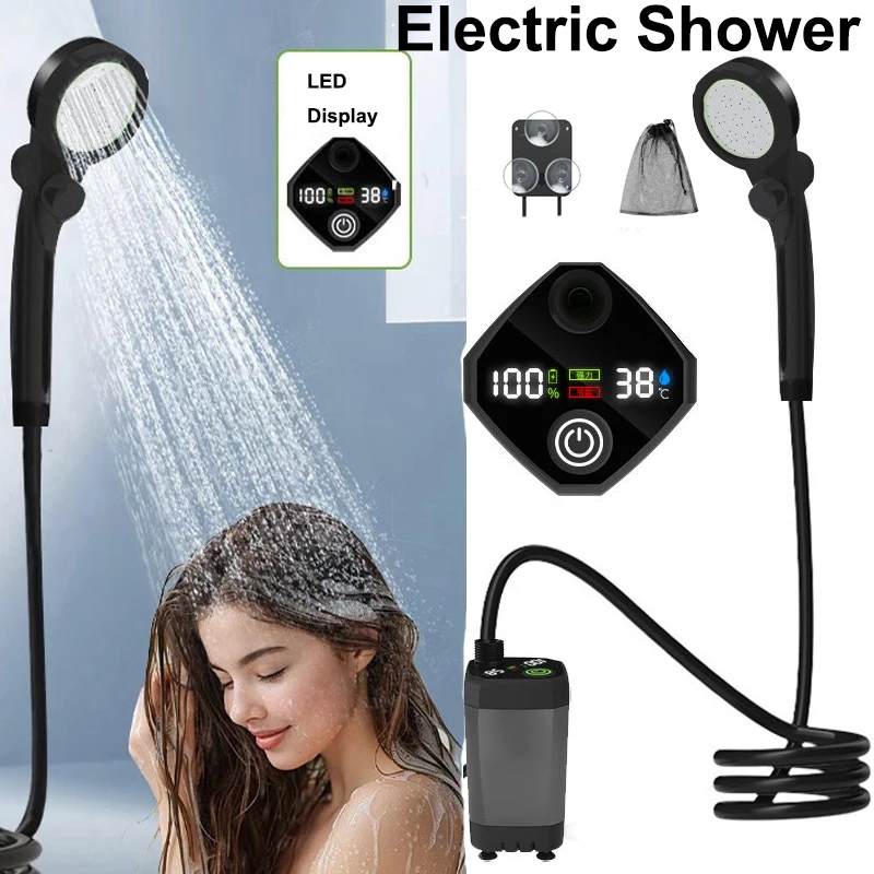 Outdoor Electric Shower Set LED Display Screen 6000mA Rechargeable Type-C Charging Camping Car Wash Shower Head Electric Shower