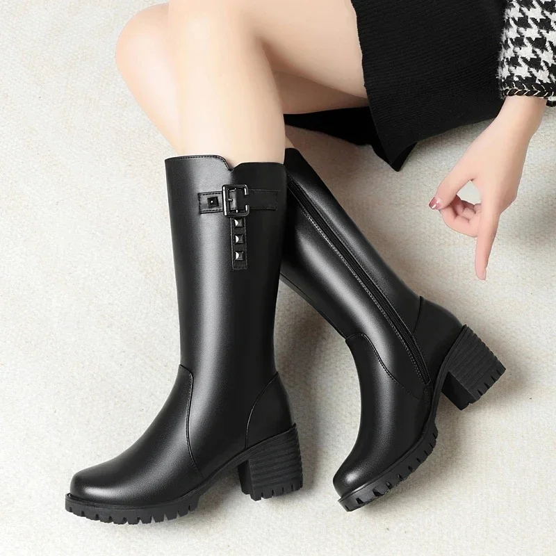 Women Winter Boots High Heels New Warm Wool Large Size Women Long Boots Roman Style Genuine Leather Women Riding Boots