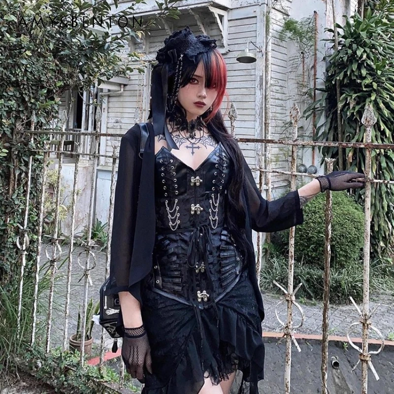 

Original Design Black Metal Chain Heavy Industry Steel Fishbone Women's Tunic 2025 Goth Halloween PU Lace-up Vest Top Ladies