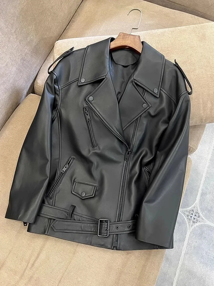 Oversize Mid-length Genuine Leather Jacket for Women 2024 Trend High-end Autumn Winter Motorcycle Sheepskin Coats