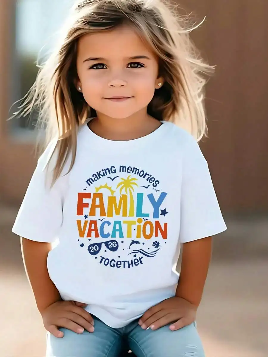 English Printed 'Family Vacation' Summer Casual Round Neck Short Sleeved T-Shirt, Machine Washable, Suitable For Family Travel,