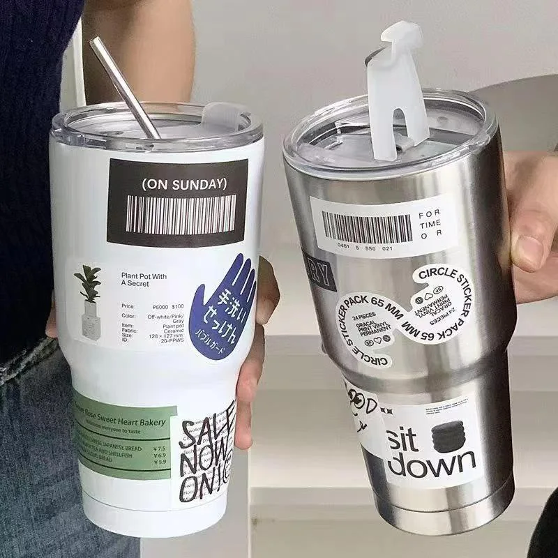 

304 Stainless Steel Cold Insulation Cup with Straw Outdoor Portable Car Coffee Cup Water Bottles