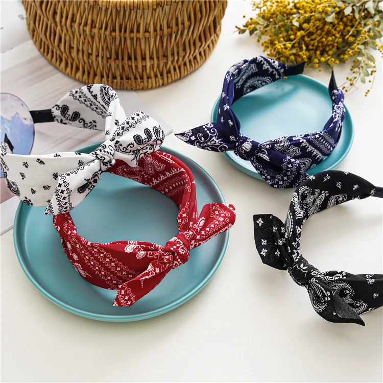 Fashion Paisley Bandana Headband For Women Top Knotted Bow Hairbands Cute Rabbit Ear Turban Headwrap Hair Band Girls Accessories image 4