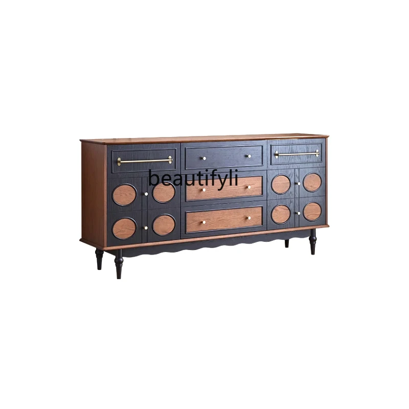 

French retro solid wood dining side cabinet household kitchen cabinet living room wall storage medium antique storage cabinet