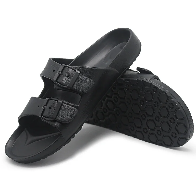 Classic Black Adjustable Stap Buckle Men Flat Slide Sandals Outdoor Non-slip Rubber Sole Slippers Casual Male Beach Sandalias 46