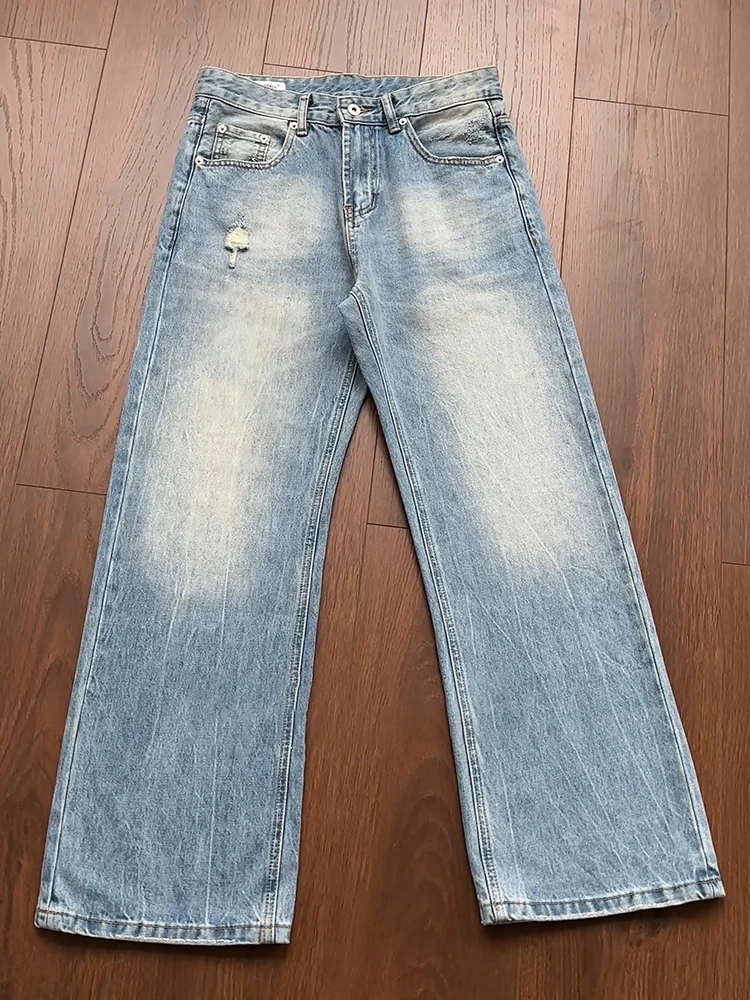 Ice Blue Lightning Pattern Flared Jeans Men's Spring Autumn Casual Straight Leg Wide Leg Pants American High Street Style