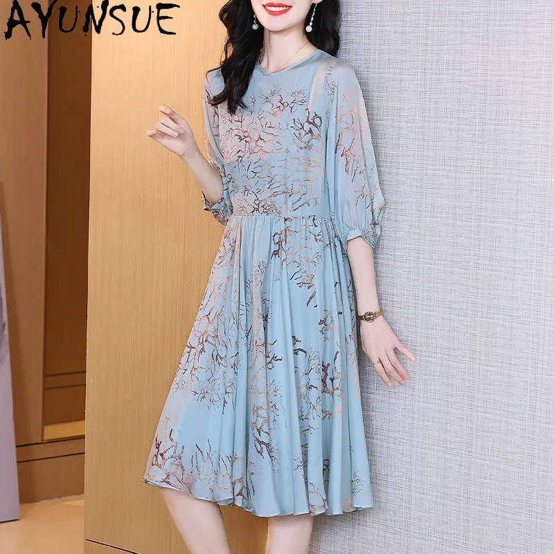 

AYUNSUE 100% натуральное шелковое платье из тутового шелкопряда для женщин, летнее платье 2026 с принтом, элегантные женские платья