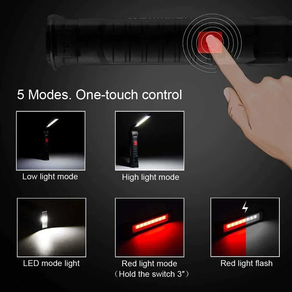 Imagem -02 - Usb Recarregável Portátil Cob Lanterna Led Luz de Trabalho Lanterna Magnética Lâmpada Pendurada com Bateria Embutida Tocha de Acampamento