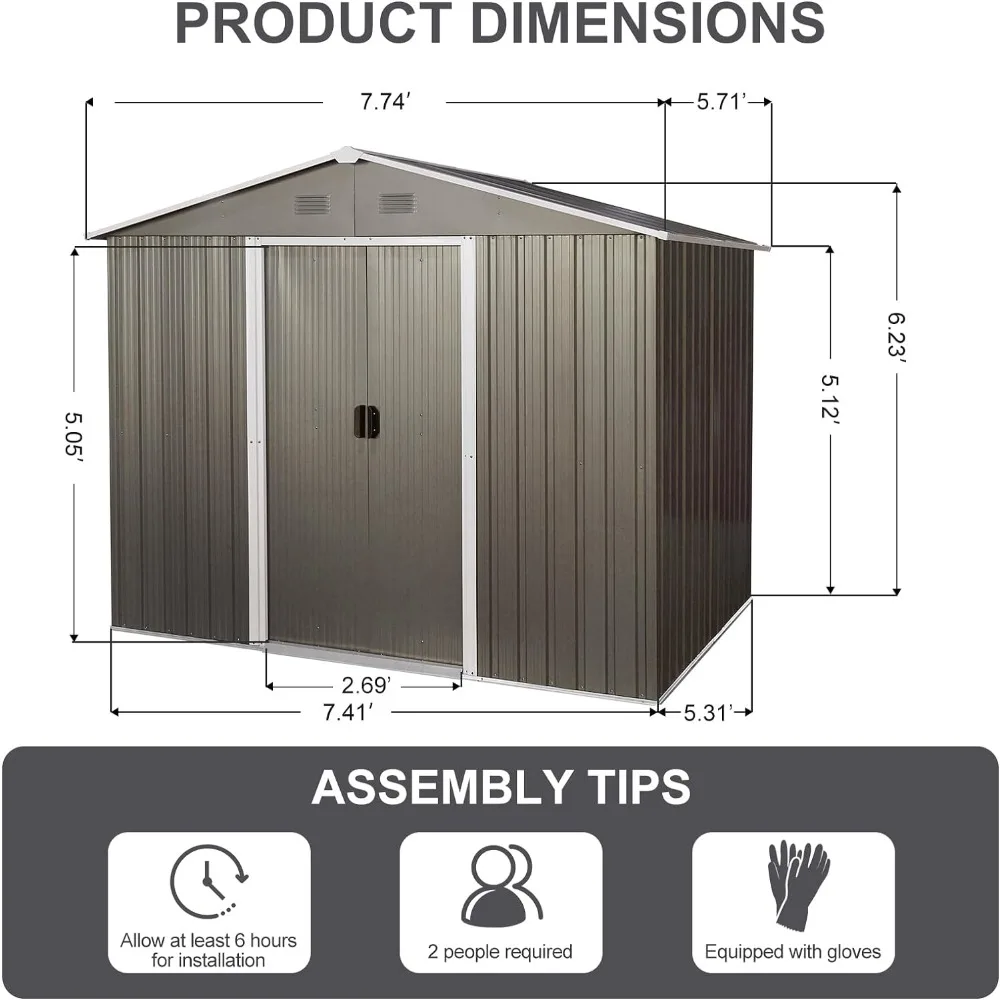 Outdoor Metal Storage Shed7'x5' with Floor Base, 4 Punched Vents and Pad-Lockable Sliding Doors,  w/Eco-Friendly Painting