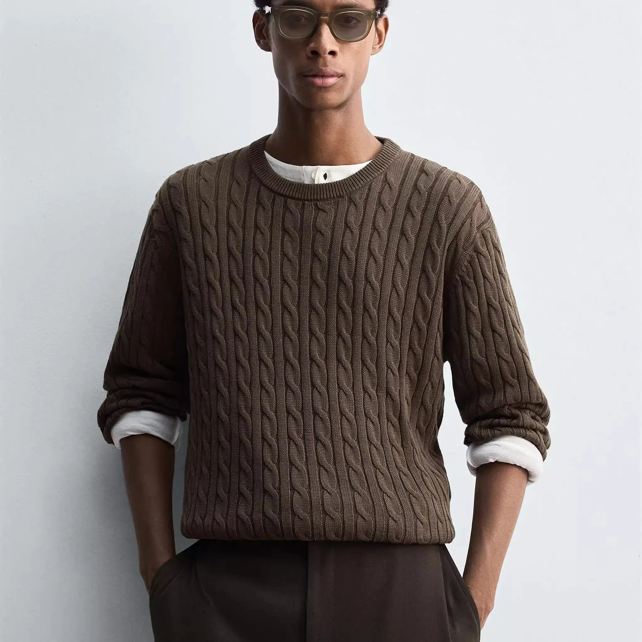 

Осенний новый мужской вязаный свитер Long Sve Slim Fit с витым узором и текстурой, повседневный круглый дышащий удобный свитер