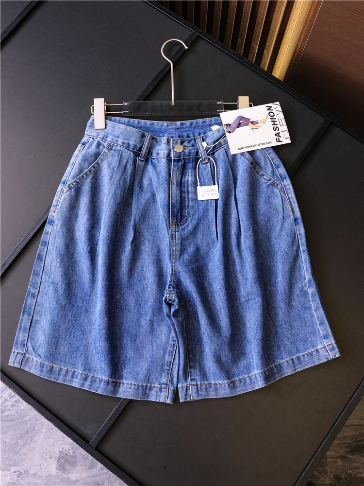 

Blue Pleated 3D High Waist Slimming Loose Straight Leg Jeans Soft Thin Wide Leg Denim Women's Shorts Z907 Summer Casual Fashion