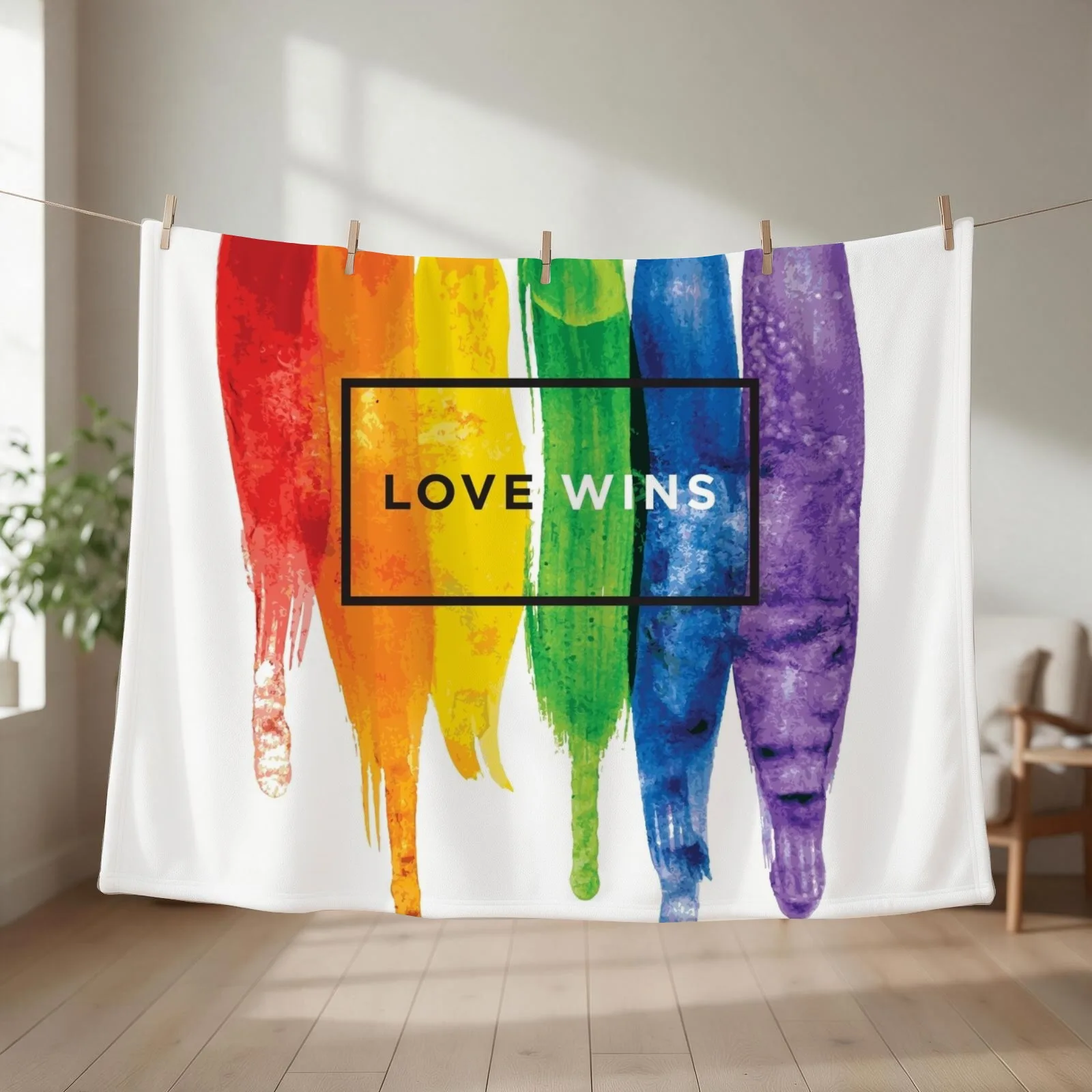 Watercolor LGBT Love Wins Rainbow Paint Typographic Throw Blanket couch cozy soft plush fuzzy picnic outdoor blanket