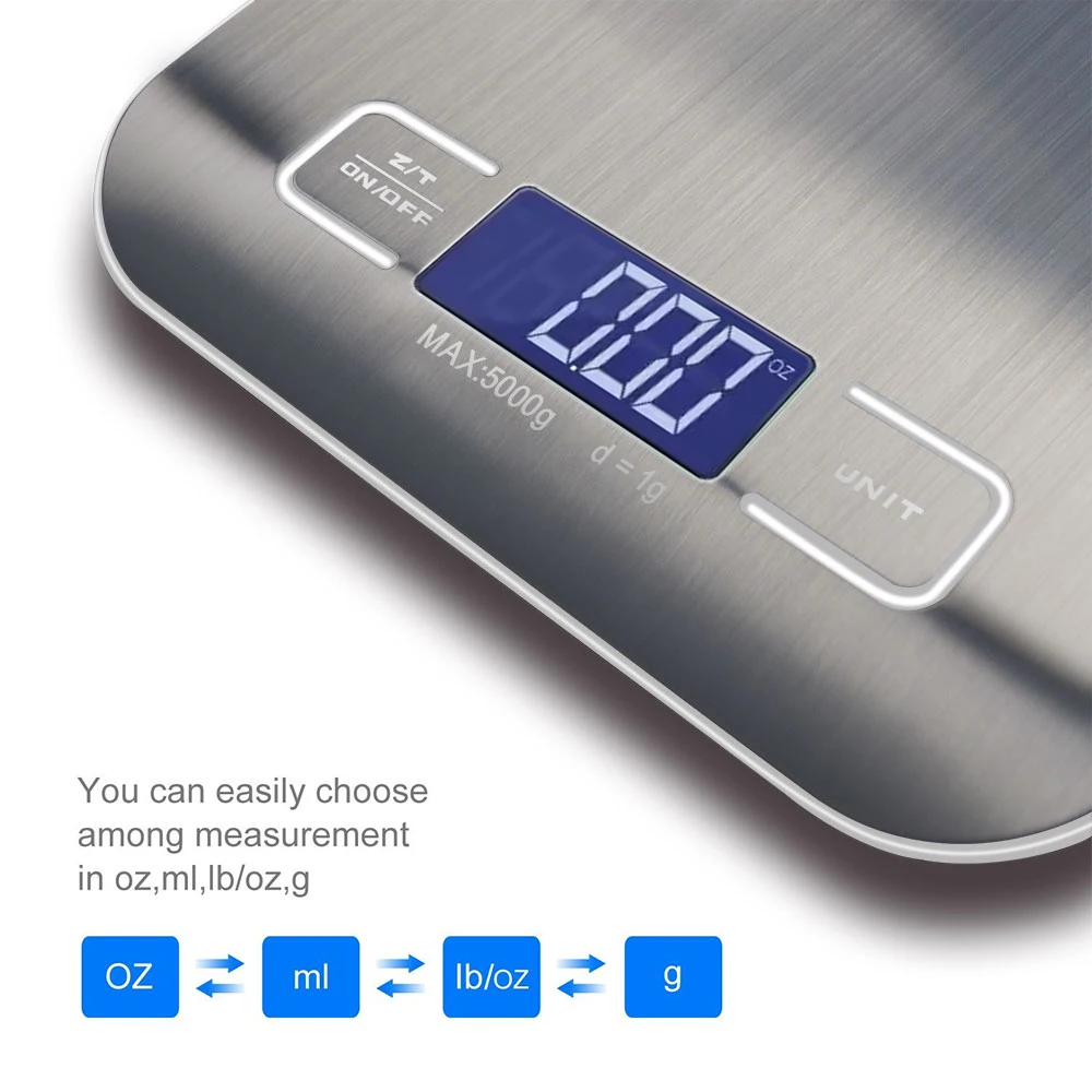 5kg/10kg 1g Portable Kitchen Scale Coffee Electronic Scale Stainless Steel Surface LCD Backlit Kitchen Food Scales Weighing Tool