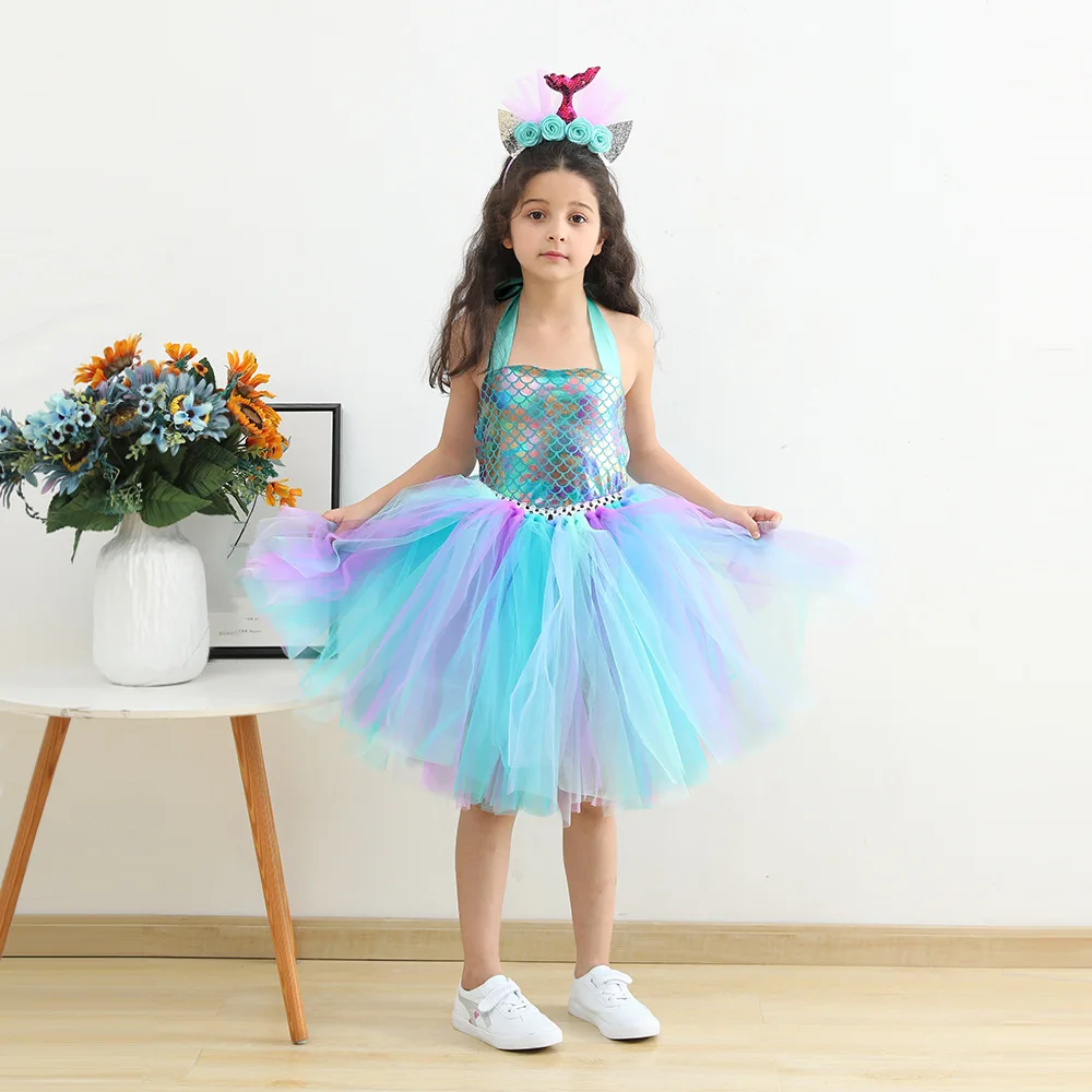 Kids Girls Cosplay Party Dress Princess Dress Up Mermaid Tulle Tutu Dresses Theme Birthday Party Costume with Flower Headband