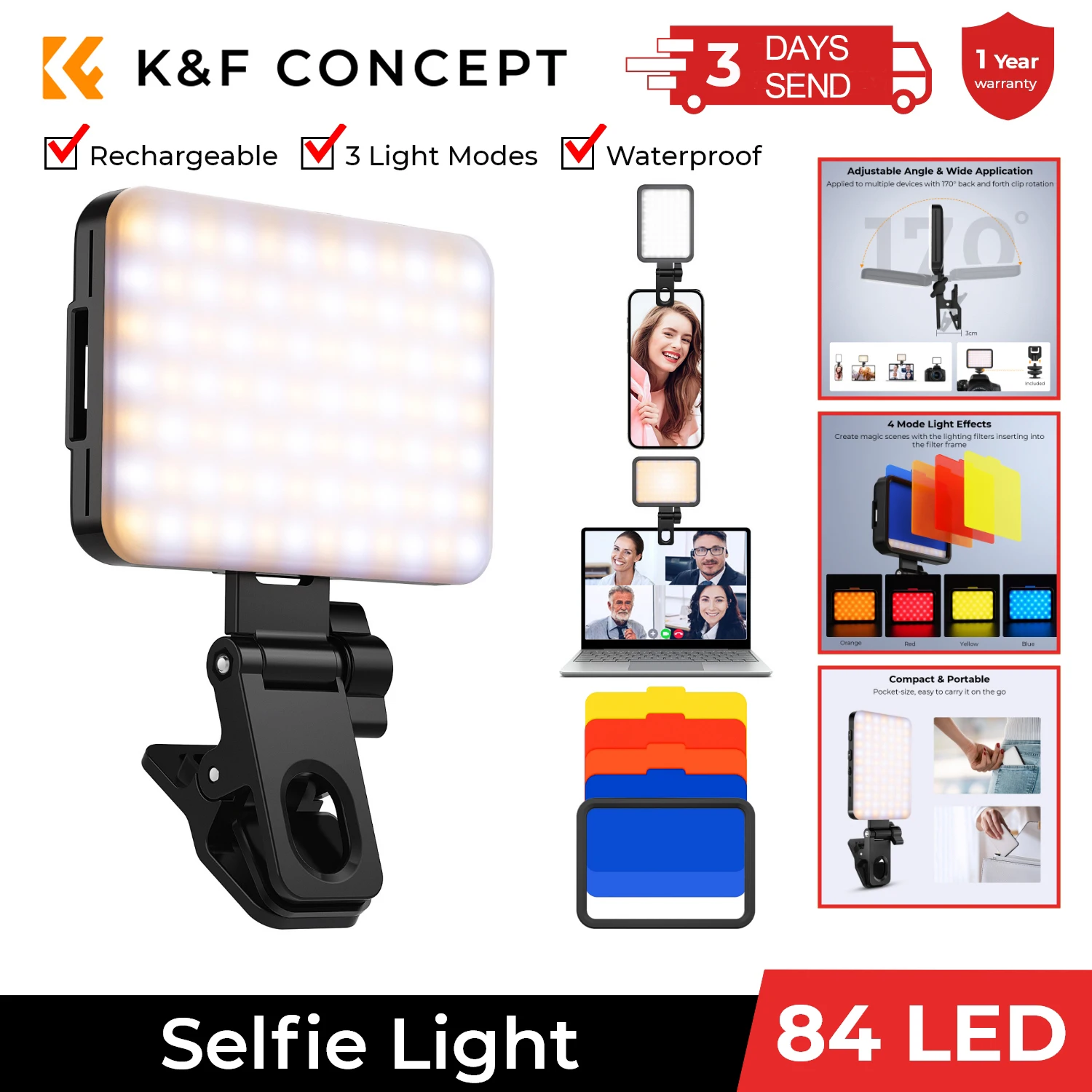 

K&F CONCEPT Portable LED Video Light 3000K-10000K Dual Color Temperature Rechargeable Clip-on Video Light for Mobile Phone Light