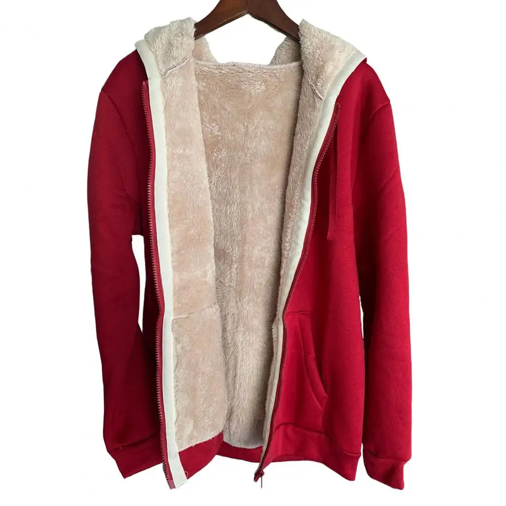 Women Winter Hoodie with Pockets Thick Fleece Lined Hooded Solid Color Long Sleeves Drawstring Elastic Cuffs And Hem Zip-up Coat