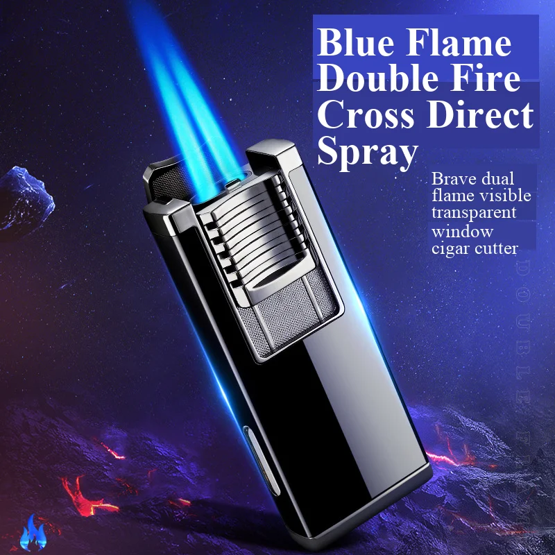 

Portable Dual Fire Direct Blue Flame Cigar Knife Inflatable Lighter Visual Windows Trendy Men's Metal Cigar Cigarette Lighter