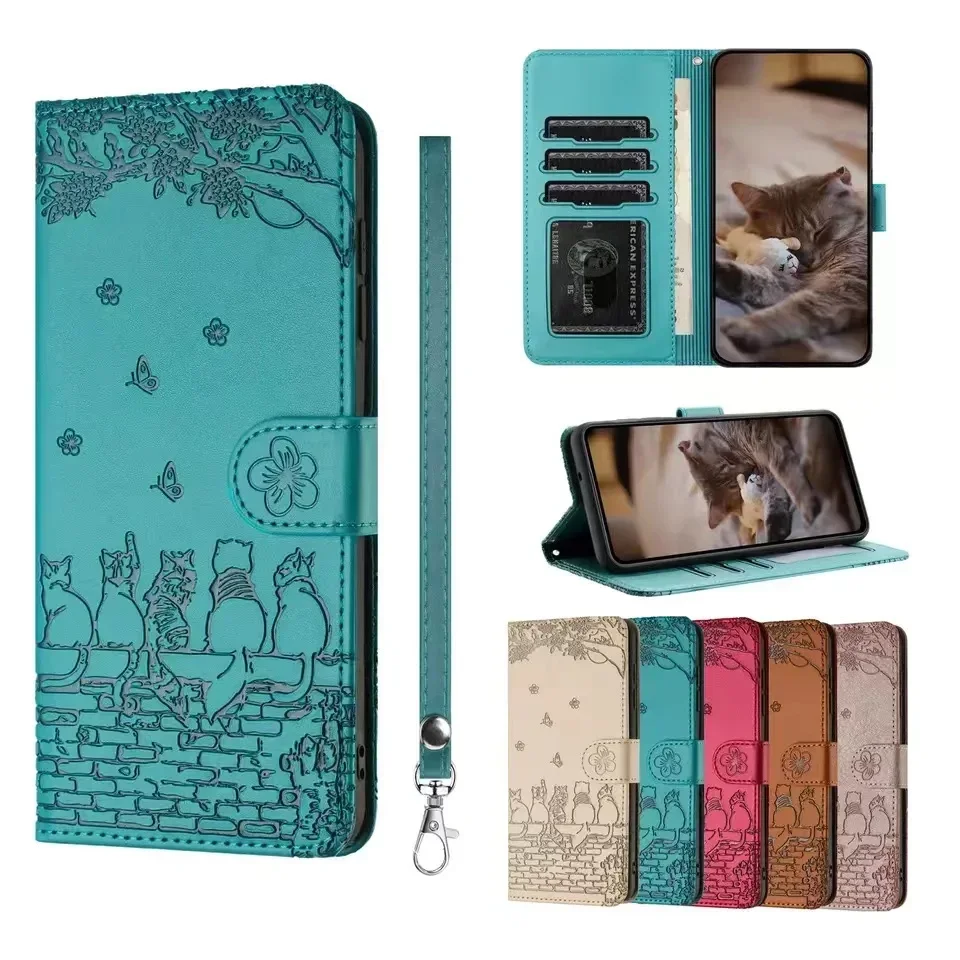 

1O*Fence Cat Leather Case Flip Wallet Anti-fall Phone Case for SAMSUNG GALAXY S20 S21 S22 S23 S24 FE Plus ULTRA