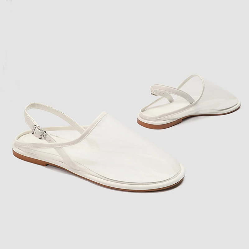 Black  Mesh Sandals Women Round Toe Low Heels Mules Breathable Casual Flat Shoes Buckle Strap Slippers Fashion Ladies Pumps